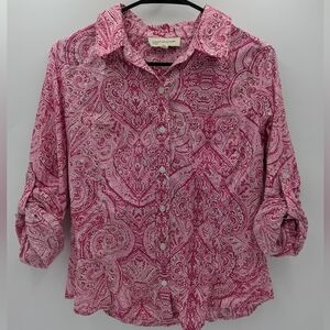 Jones NY Paisley Print Button Shirt Magenta Resort Wear Coastal Grandma Cotton M